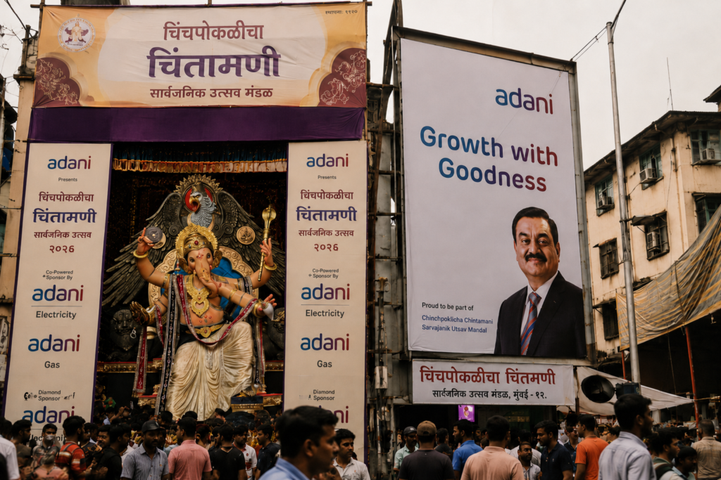 चिंचपोकळीचा चिंतामणीला अदानींचे अर्थ बळ, जाहिरातीसाठी प्रायोजक म्हणून मंडळासोबत करार ,परिणामी पारंपरिक व्यवसाय ना फटका. पडद्यावर अदानींचे नाव मोठे